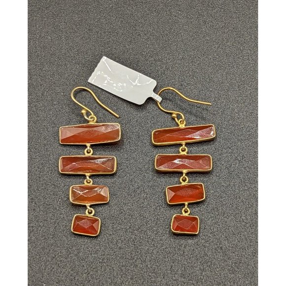 Faceted Orange Red Carnelian Gemstone Stone Dangle Gold Tone Hook Earrings - Picture 8 of 9